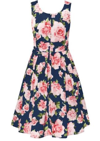 Amanda 50’s Inspired Flared Dress Blue & Pink Roses | The Retro Collection